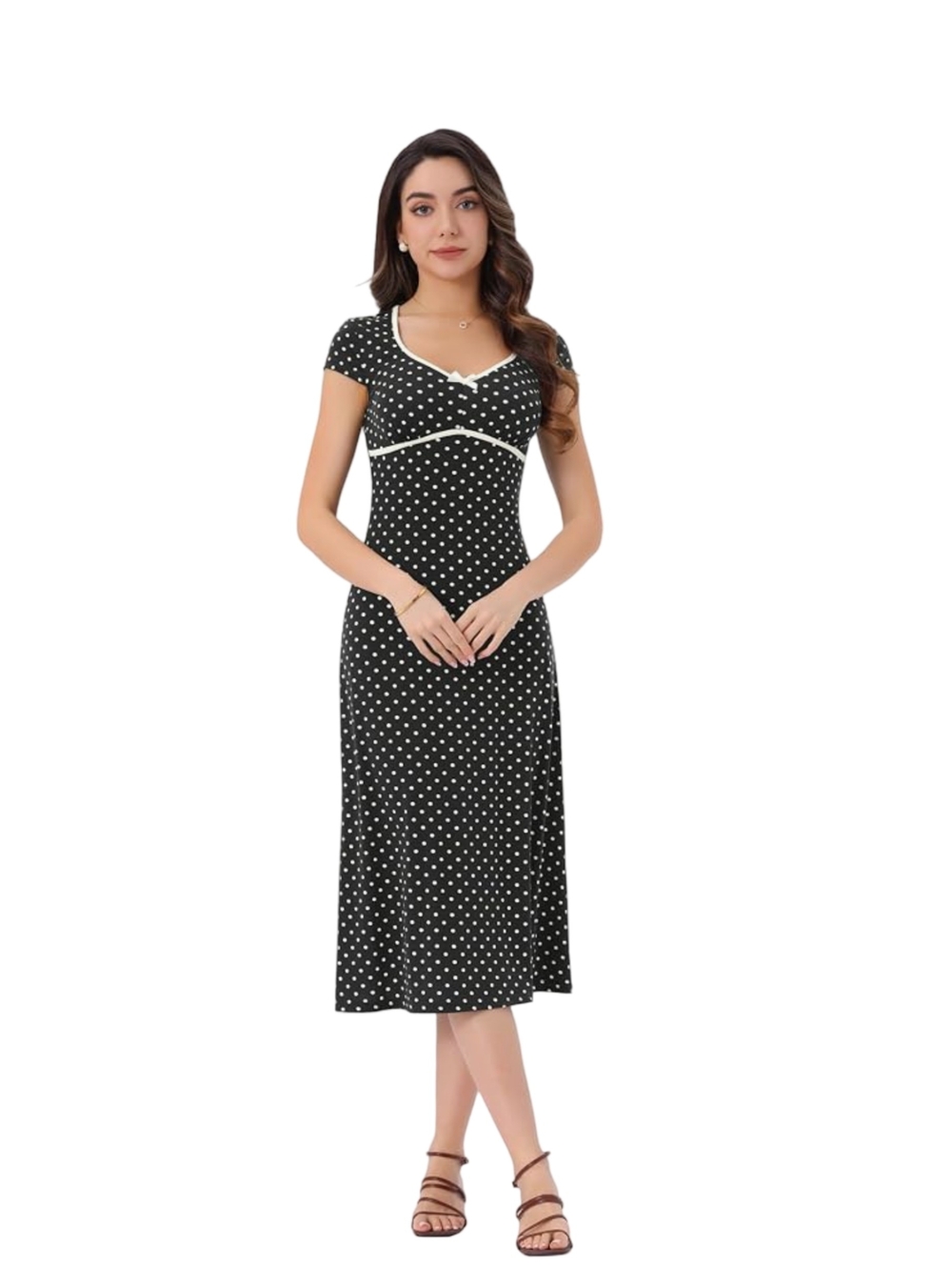 Nwot Womens Size Small Black Polka Dot Midi Dress with Contrast Trim